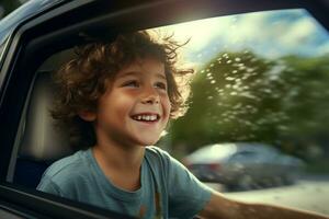 A young boy sits by the car window while driving on a road trip with Generative AI photo