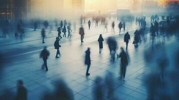 borroso personas caminando abajo un ciudad calle. concepto de rápido moderno vida. humano multitud en se mueve en dinámica. niebla ciudad. ai generado foto