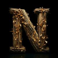 Wooden letter N. Wood font made of sticks, bark and wood. Forest typographic symbol. Concept of nature, ecology, loft. AI Generated photo