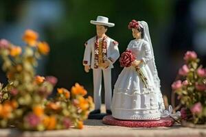 Español o mexicano Boda en miniatura estilo. dos amantes en hermosa Boda vestidos. pequeño juguete marido y esposa. concepto de amar, romance creado con generativo ai tecnología foto