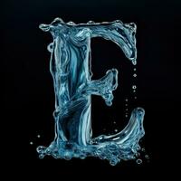 Letter E made of water. Font with splashes and drops of blue liquid. Typographic symbol with jet and splash. Marine concept of freshness, fluidity and the sea. AI Generated photo