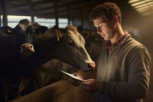 a man holding a tablet to check production in a cattle farm with Generative AI photo