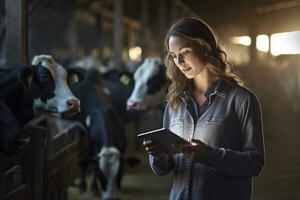 woman holding a tablet to check production in a cattle farm with Generative AI photo