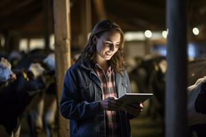 woman holding a tablet to check production in a cattle farm with Generative AI photo