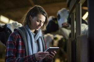 woman holding a tablet to check production in a cattle farm with Generative AI photo