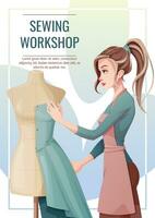 Flyer design with seamstress. Banner poster with a girl creating clothes on a mannequin. Work in a sewing workshop, atelier, tailoring courses vector