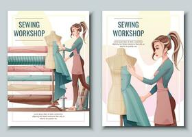 Set of Flyer design with seamstress. Banner poster with a girl creating clothes on a mannequin. Work in a sewing workshop, atelier, tailoring courses. vector