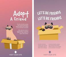 Adopt a friend, pet in box, kitten banner vector