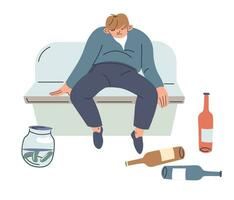 alcohólico sentado en sofá con vacío botellas vector