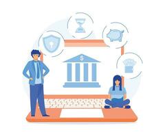 banco empleado ayuda a llevar fuera en línea pago y ahorros actas, en línea Internet bancario concepto, plano vector moderno ilustración