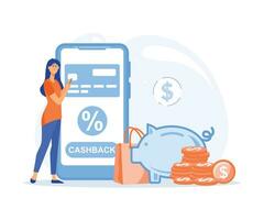 Cashback concept - woman with smartphone, money goes in a piggybank. flat vector modern illustration