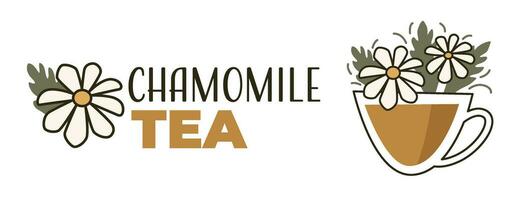 Organic and natural chamomile tea in cup, label vector