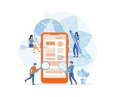 Online news mobile app, people read live publication and articles in newspaper, newsletter information and blog post via phone. flat vector modern illustration