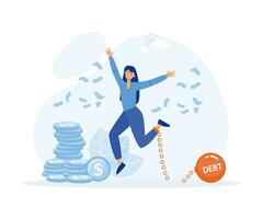 deuda gratis, alegre mujer con roto cadenas celebrando financiero independencia con victorioso gesto. plano vector moderno ilustración