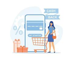 Cash back loyalty program, bonus. credit card and mobile phone with button get started cashback. flat vector modern illustration