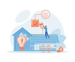 Photovoltaic system for smart home, eco technology, man connecting plug on wire to socket leading from sun to charge generator, flat vector modern illustration