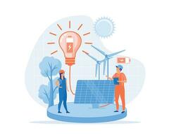 Solar energy panel installation. Field worker and project manager demonstrated system. Sustainable development. flat vector modern illustration