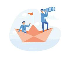 Leadership to lead business in crisis, vision or forward strategy for success, businessman leader with binoculars lead business team sailing origami ship, flat vector modern illustration