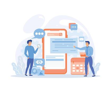 business team working concept, digital mobile application development and design process, flat vector modern illustration