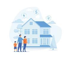 Sustainability, Characters reduce energy consumption at home, unplug appliances and use energy saving light bulb, flat vector modern illustration