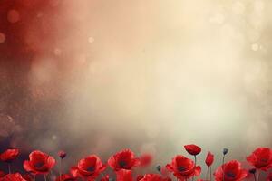 Remembrance Day background with copy space. Red poppy flowers on bokeh background. Suitable for social media posts, posters, and other marketing materials. Generative AI photo