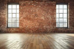 3D rendering of an empty room with big window in loft style. Wooden floor and brick wall in a modern interior. Bright and spacious space with a lot of natural light. copy space. Generative AI photo