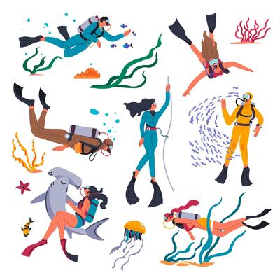 Diving sports activities in summer, divers vector