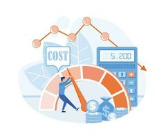 Businessman hand turn cost dial to low position. Cost reduction management concept. flat vector modern illustration