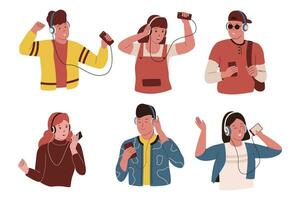 Vector collection of dancing people with headphone