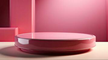 Podium pedestal showcase for cosmetic product presentation, minimal abstract pink background photo