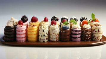Large set of delicious sweet cakes with berries cream and chocolate dessert photo