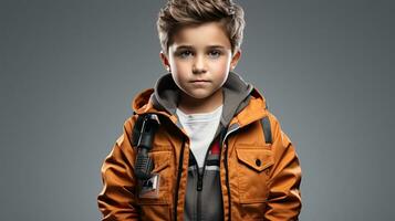 Child boy teenager in a yellow winter jacket on a dark gray background photo