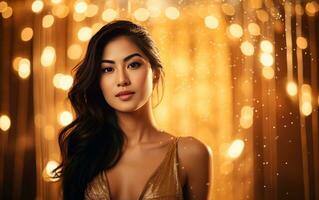 Beautiful smiling asian woman over dark golden bokeh background. AI Generative photo