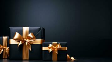 Black background with black gift boxes and golden ribbon bow. Wallpaper with copy space. Black Friday concept. Template mockup for text, logo and product presentation. AI Generative photo