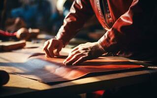 Artisan man working with leather. Closeup photo showing the process of making leather goods. AI Generative