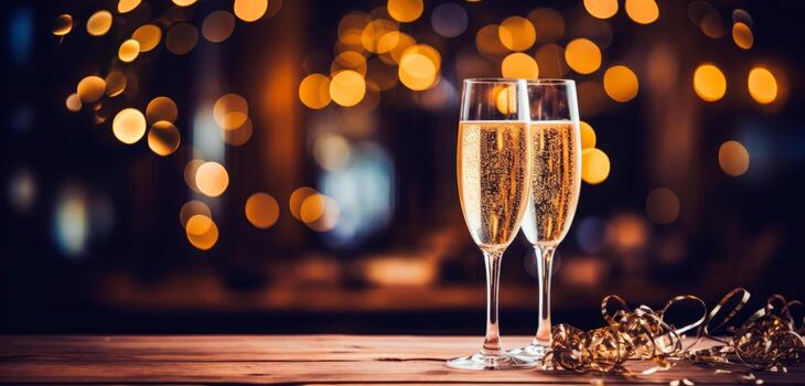 celebracion con champán. dos lentes de champán con papel picado, Brillantina, serpentina y luces. nuevo años víspera concepto. ai generativo foto