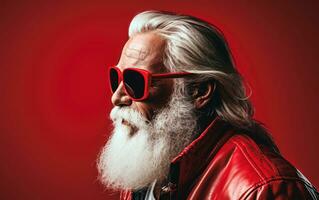 retrato de moderno Papa Noel claus con Gafas de sol y rojo cuero chaqueta terminado rojo antecedentes. ai generativo foto