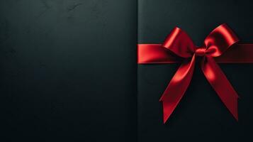 Black background with red ribbon bow wallpaper copy space. Black Friday concept. Template mockup for text, logo and product presentation. AI Generative photo