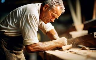 Carpenter in his workshop working with wood. Closeup photo of the process. AI Generative