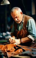 Artisan man working with leather. Closeup photo showing the process of making leather goods. AI Generative