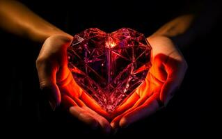 Hands holding red glowing crystal heart. AI Generative photo