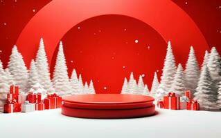 Minimal scene with balls, snow, gifts and pine trees for Christmas product presentation. 3D render for social media. Stage decorated for Christmas. AI Generative photo