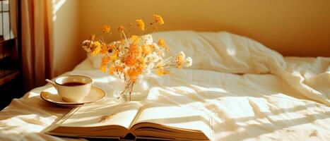 Banner of cozy morning on the bed with flowers and sun rays coming in. Photo with copy space. AI Generative