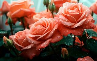 arbusto de hermosa rosas con lluvia gotas. floral antecedentes. ai generativo foto