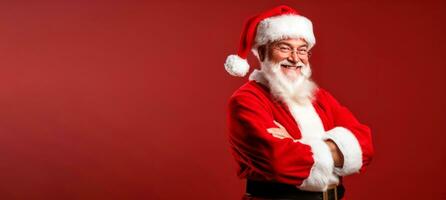 Banner of cheerful Santa Claus over red background and copy space. Merry Christmas concept. AI Generative photo