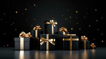 Black background with black gift boxes and golden ribbon bow. Wallpaper with copy space. Black Friday concept. Template mockup for text, logo and product presentation. AI Generative photo