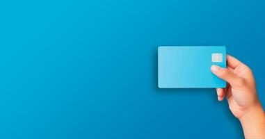 Banner of human hand holding a mockup credit card. Bank service online isolated on blue background. AI Generative photo