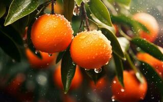 Branch of oranges with rain drops and green leaves on tree. AI Generative photo