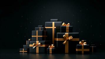 Black background with black gift boxes and golden ribbon bow. Wallpaper with copy space. Black Friday concept. Template mockup for text, logo and product presentation. AI Generative photo