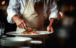 cocinero agregando el final toques a el plato. ai generativo foto